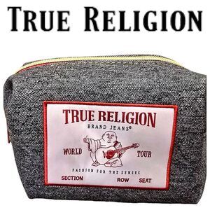 True Religion World Tour Patch Logo Denim Cosmetic Bag